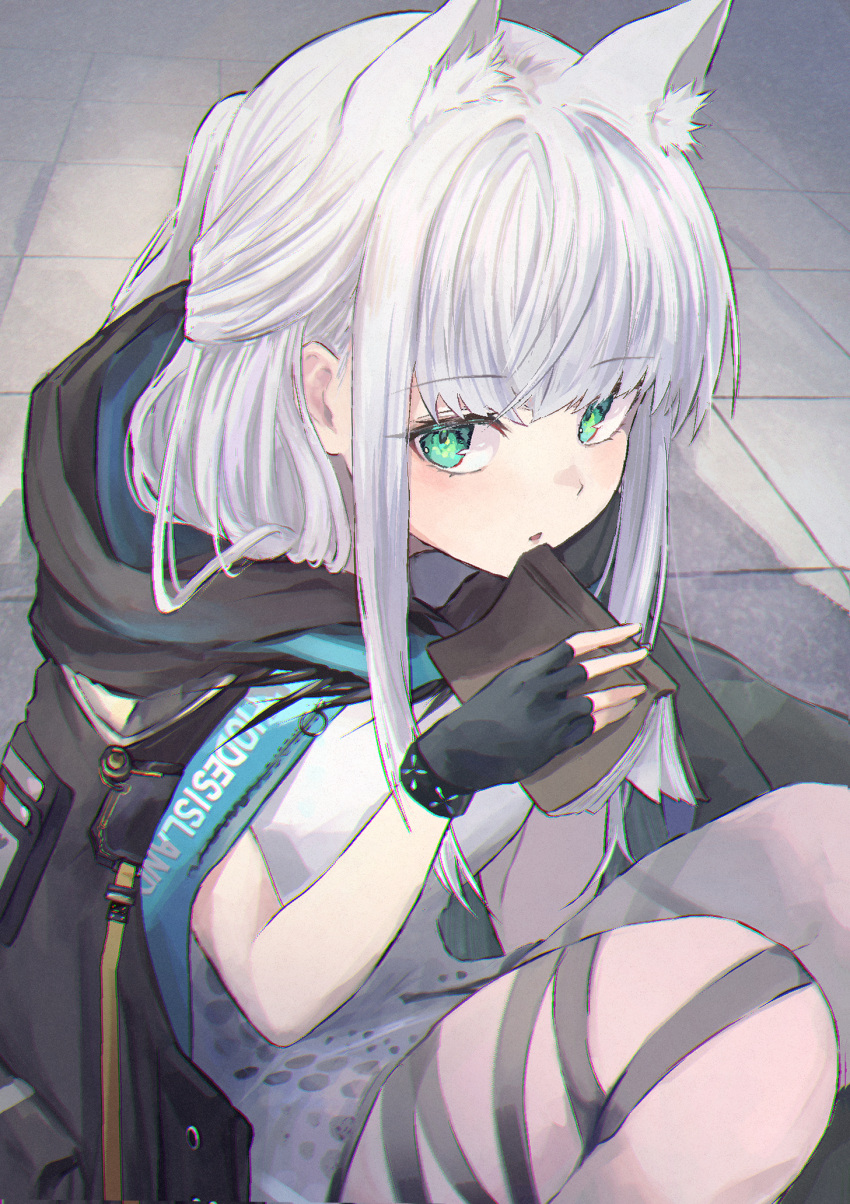 1girl, 99noe_honoka, animal_ears, arknights, book, cat_ears, cat_girl, fingerless_gloves, gloves, green_eyes, highres, holding, holding_book, infection_monitor_(arknights), looking_at_viewer, on_floor, rosmontis_(arknights), solo, tile_floor, tiles, white_hair