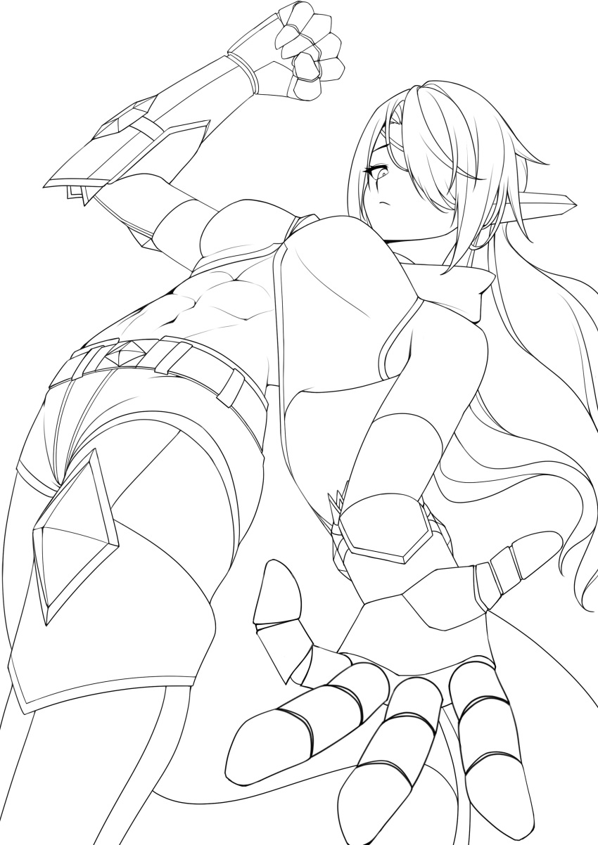 16_color, 1girl, abs, absurdres, armor, belt, bodystocking, boots, breasts, coattails, commission, commissioner_upload, eyepatch, fighting, fighting_stance, frown, gauntlets, gem, highres, hood, lineart, long_hair, looking_at_viewer, lydia_macarthur, medium_breasts, mega_man_(series), mega_man_zero_(series), non-web_source, original, pendracore, ponytail, robot_ears, shorts, sleeveless, thighs, white_background