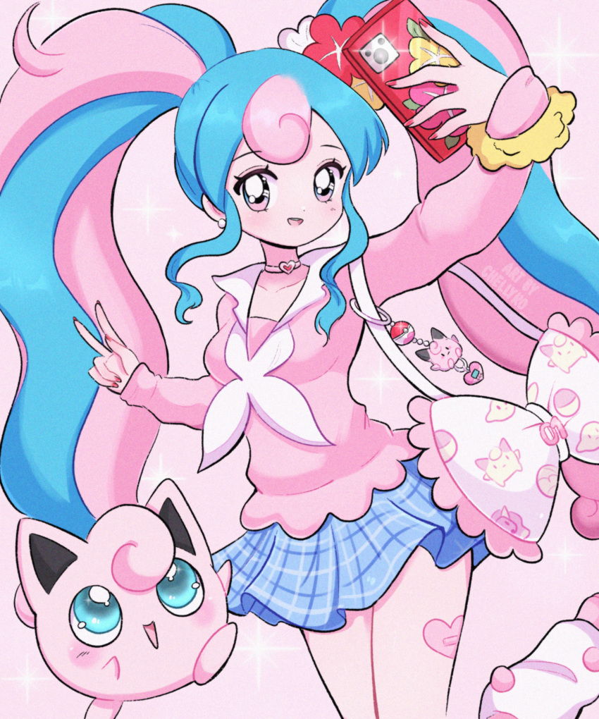 1girl, :d, absurdres, artist_name, bag, blue_skirt, blush, breasts