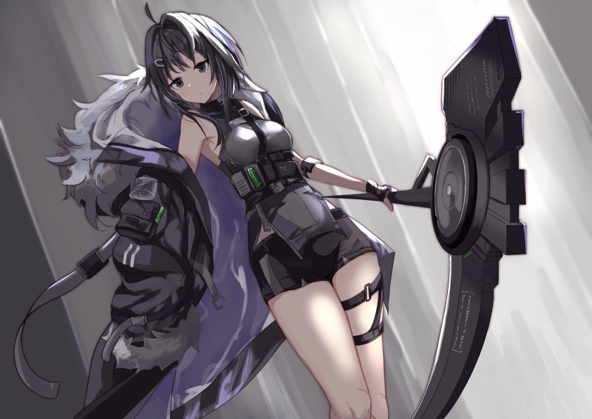 1girl, absurdres, ahoge, arknights, black_eyes, black_hair, breasts, dutch_angle