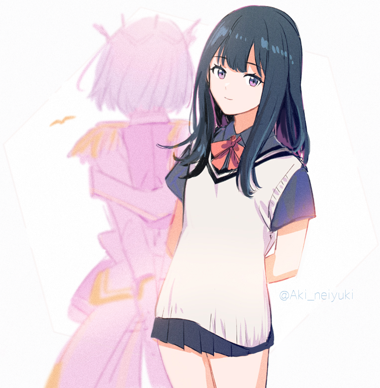 2girls, aki_(neyuki41028), black_hair, black_skirt, blue_eyes, bow, bowtie, frills