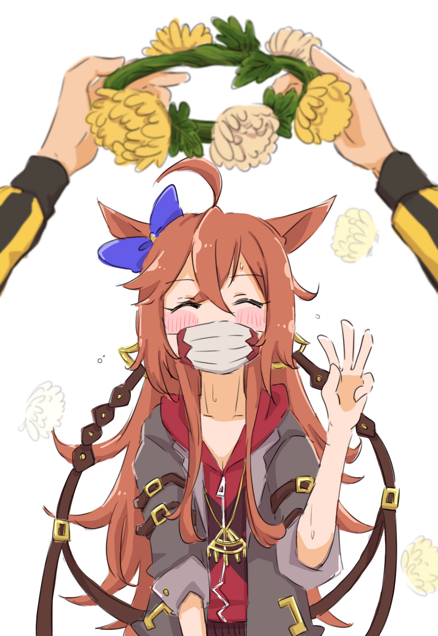 1boy, 1girl, ahoge, blue_bow, blush, bow, brown_hair, chrysanthemum