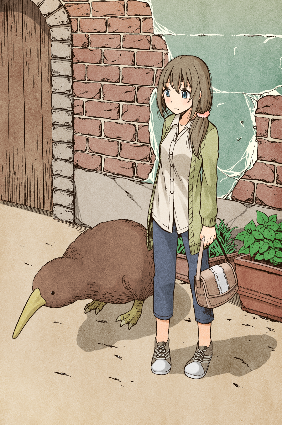 1girl, animal, bag, bird, blue_pants, blush, brick_wall, brown_hair