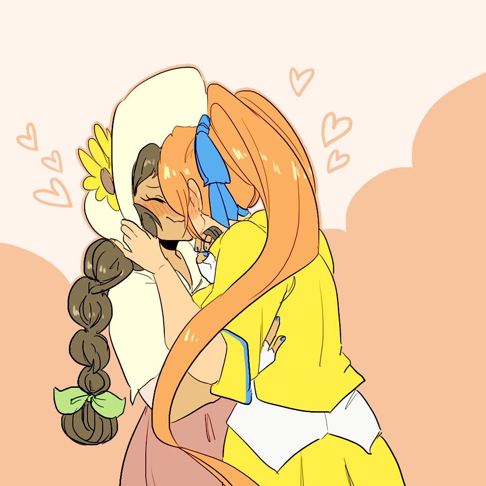 2girls, ace_attorney, athena_cykes, blue_hairband, blue_ribbon, blush, bow, brown_hair