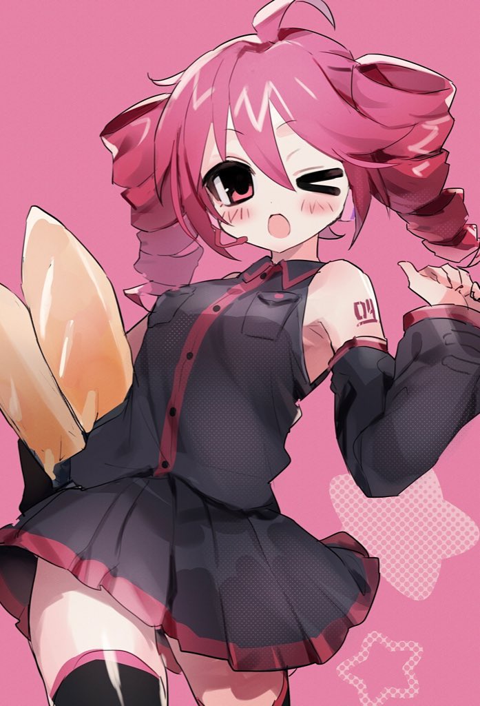 1girl, ahoge, baguette, black_shirt, black_skirt, black_thighhighs, blush, bread