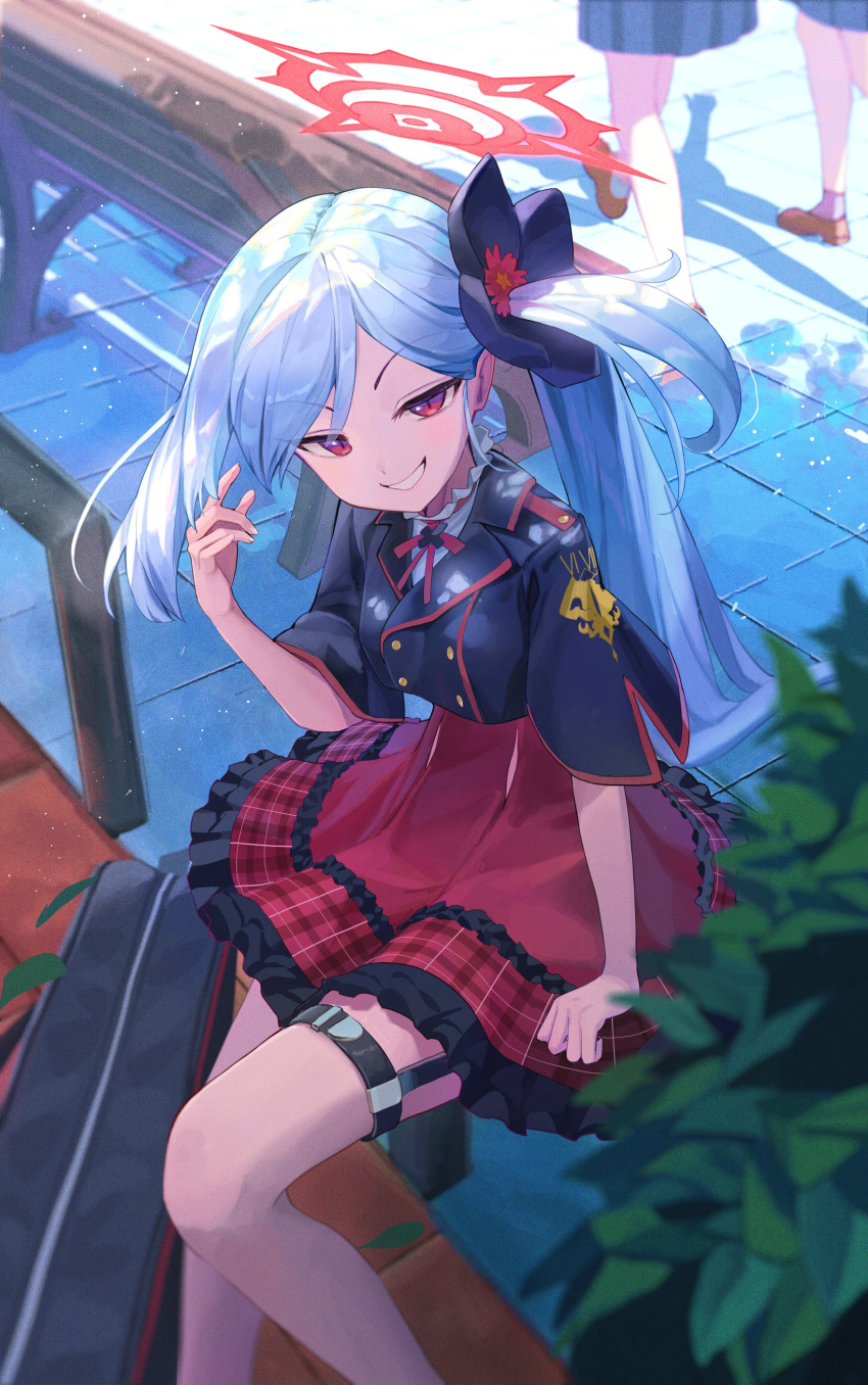 1girl, absurdres, blue_archive, flower, frilled_skirt, frills, ginlear, grey_hair