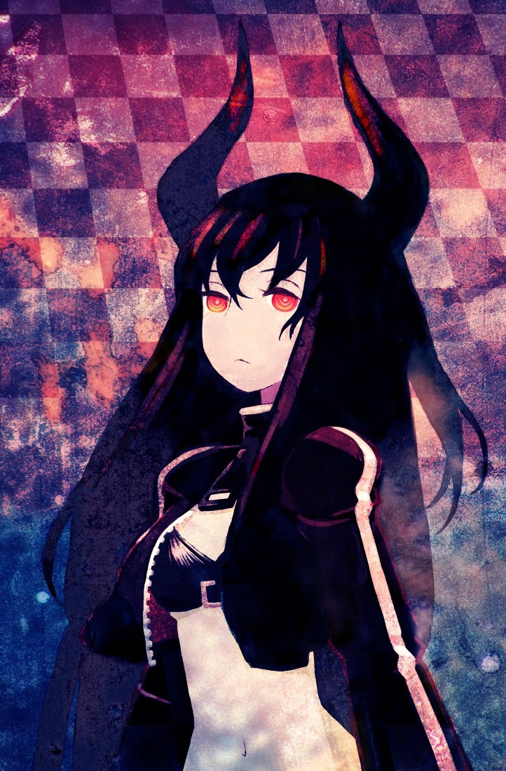 black_gold_saw, black_hair, black_rock_shooter, horns, jean_(artist), long_hair, midriff, navel, pale_skin, red_eyes, solo, wrong_md5_test