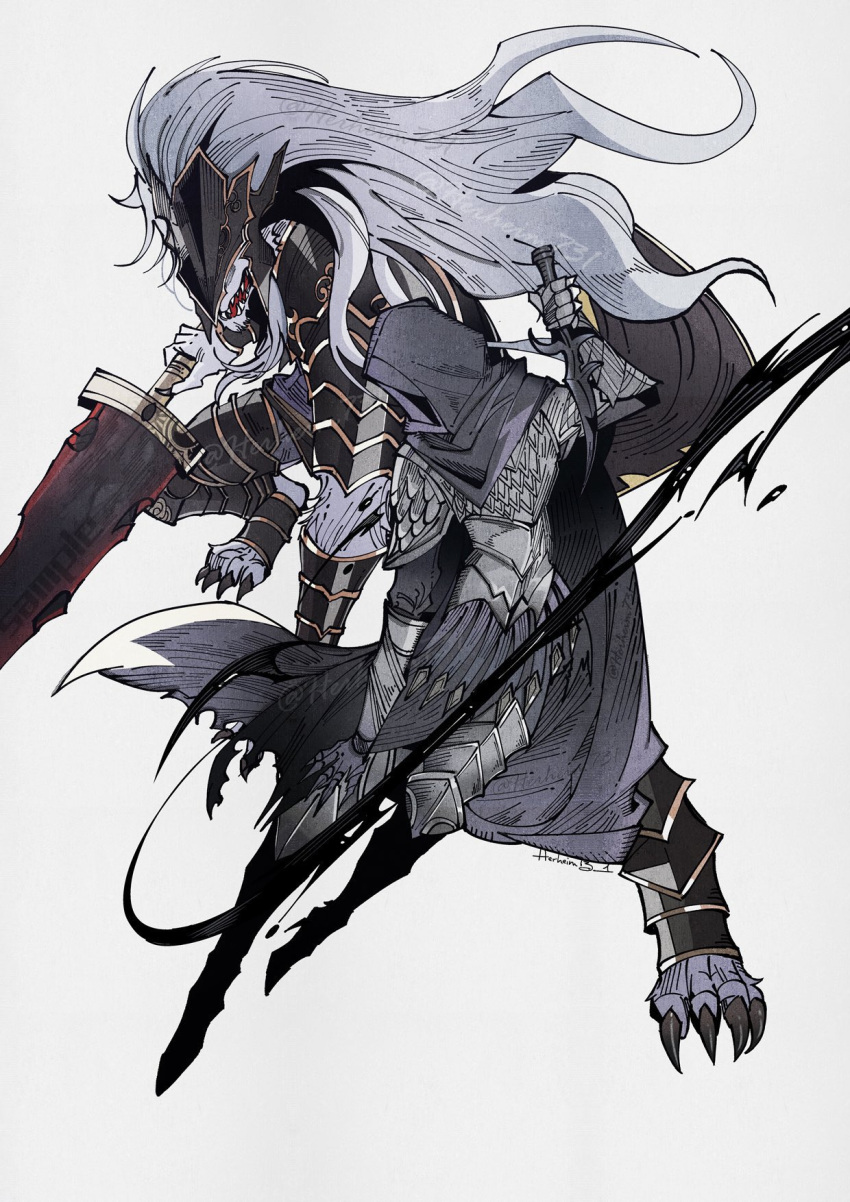 1boy, 1girl, armor, black_armor, black_cloak, black_knife_(elden_ring), black_knife_assassin, claws, cloak, covered_face, dagger, denny626, elden_ring, greatsword, helm, helmet, highres, holding, holding_dagger, holding_knife, holding_sword, holding_weapon, hood, hooded_cloak, knife, long_hair, maliketh_the_black_blade, mixed-language_commentary, scale_armor, sharp_teeth, simple_background, sword, teeth, weapon, white_background, white_hair, wolf_boy