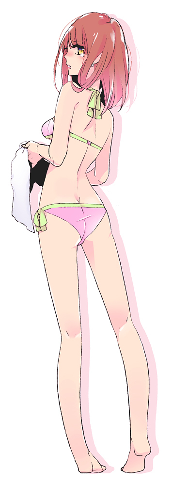 bikini, brown_hair, butt_crack, feet, legs, long_legs, looking_back, pink_bikini