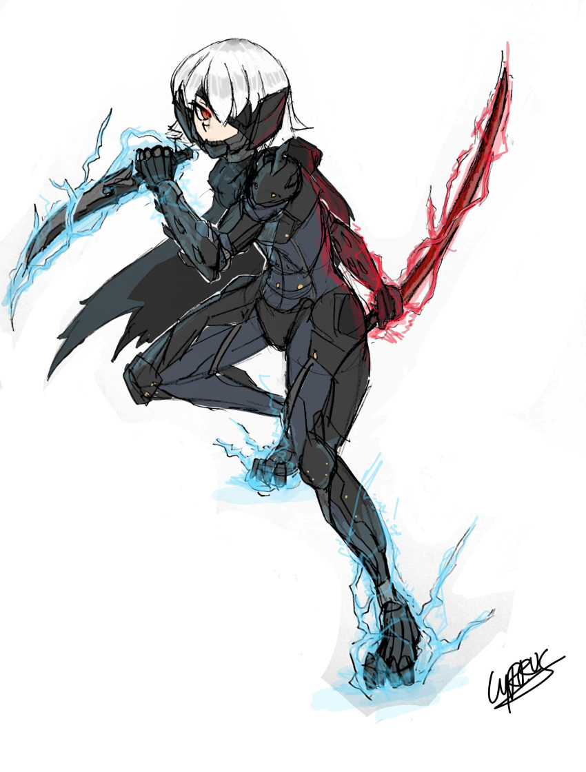 1girl, absurdres, artist_name, black_bodysuit, bodysuit, cosplay, crossover, cyborg