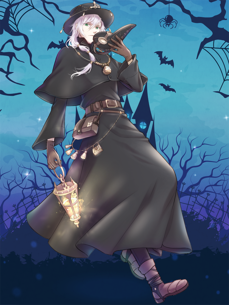 1boy, alpaca_connect, bare_tree, bat_(animal), belt, belt_buckle, belt_pouch, black_capelet, black_headwear, black_pants, black_robe, blue_background, boater_hat, brown_belt, brown_footwear, brown_gloves, buckle, bug, capelet, castle, closed_mouth, full_body, gloves, green_eyes, hair_between_eyes, hair_over_shoulder, hat_ornament, holding, holding_lantern, holding_mask, jewelry, lantern, long_hair, long_sleeves, looking_at_viewer, low_ponytail, mask, mochizuki_sora, multi-tied_hair, necklace, official_art, pants, plague_doctor, plague_doctor_mask, pouch, robe, serious, silk, solo, spider, spider_web, tree, unworn_mask, white_hair