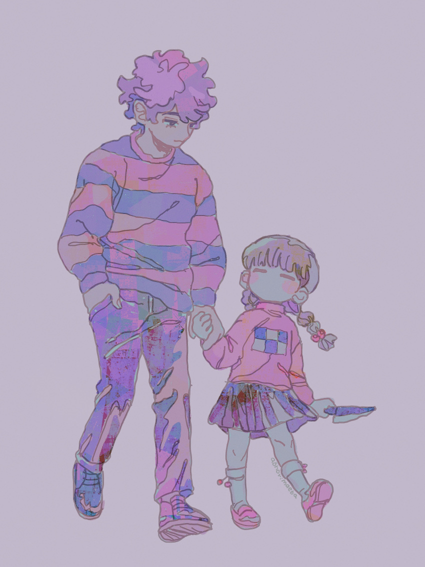 1boy, 1girl, absurdres, aonori_maeba, artist_name, braid, brown_hair, closed_eyes, closed_mouth, commentary_request, crossover, denim, facing_another, floating_hair, full_body, hair_bobbles, hair_ornament, half-closed_eyes, hand_in_pocket, highres, holding, holding_hands, holding_knife, jack-o'_ran-tan, jeans, kitchen_knife, kneehighs, knife, light_smile, loafers, long_hair, long_sleeves, looking_at_another, low_twin_braids, madotsuki, messy_hair, napoli_no_otokotachi, no_mouth, pants, pink_footwear, pink_sweater, pleated_skirt, pom_pom_(clothes), print_sweater, purple_hair, purple_pants, purple_skirt, purple_sweater, shoes, simple_background, skirt, sneakers, socks, striped, striped_sweater, sweater, turtleneck, turtleneck_sweater, twin_braids, two-tone_sweater, violet_eyes, walking, yume_nikki