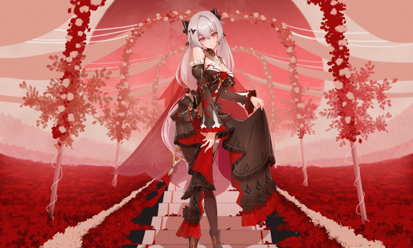 1girl, absurdres, bare_shoulders, bat_hair_ornament, black_dress, black_sleeves, blush, breasts, detached_sleeves, dress, earrings, flower, hair_ornament, highres, honkai_(series), honkai_impact_3rd, jewelry, large_breasts, long_hair, looking_at_viewer, luna_(honkai_impact), moon, red_eyes, red_flower, red_moon, red_rose, rfbyhjr, rose, smile, solo, theresa_apocalypse, theresa_apocalypse_(luna_kindred), theresa_apocalypse_(lunar_vow:_crimson_love), vampire, white_hair