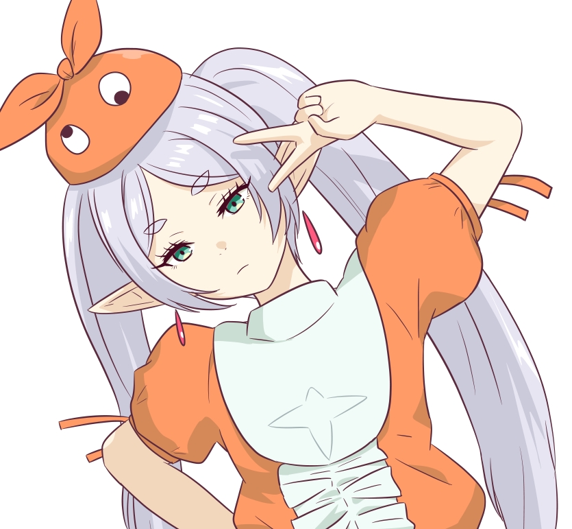 1girl, cosplay, earrings, elf, expressionless, frieren, googly_eyes, green_eyes