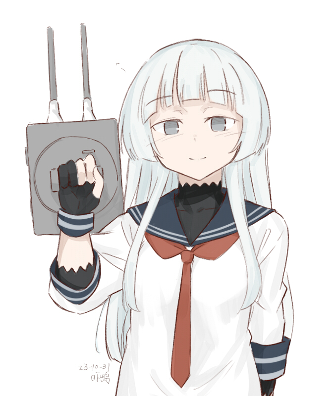 1girl, black_gloves, blue_sailor_collar, cosplay, dress, gloves, grey_eyes, hikashima_(shiofune)