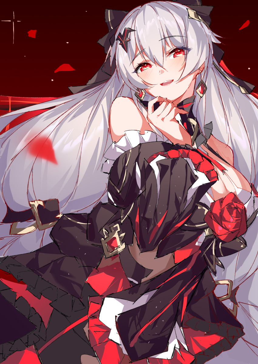 1girl, bare_shoulders, bat_hair_ornament, black_dress, black_sleeves, breasts, detached_sleeves, dress, earrings, flower, guaili_shu, hair_ornament, highres, honkai_(series), honkai_impact_3rd, jewelry, large_breasts, long_hair, long_sleeves, looking_at_viewer, luna_(honkai_impact), open_mouth, red_eyes, red_flower, red_rose, rose, solo, theresa_apocalypse, theresa_apocalypse_(lunar_vow:_crimson_love), vampire, white_hair