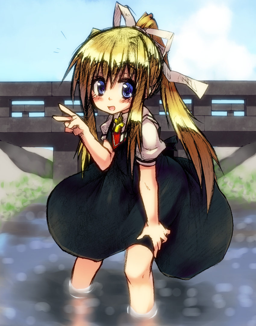 blonde_hair, blue_eyes, bridge, highres, kamio_misuzu, long_hair, ponytail, rutsubo