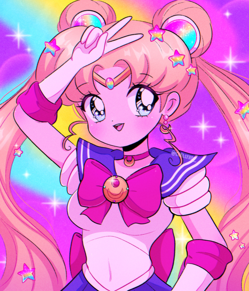 1girl, :d, arm_up, artist_name, back_bow, bishoujo_senshi_sailor_moon, blonde_hair, blue_eyes