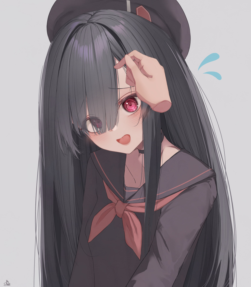 1girl, absurdres, beret, black_choker, black_hair, black_headwear, black_sailor_collar, black_serafuku