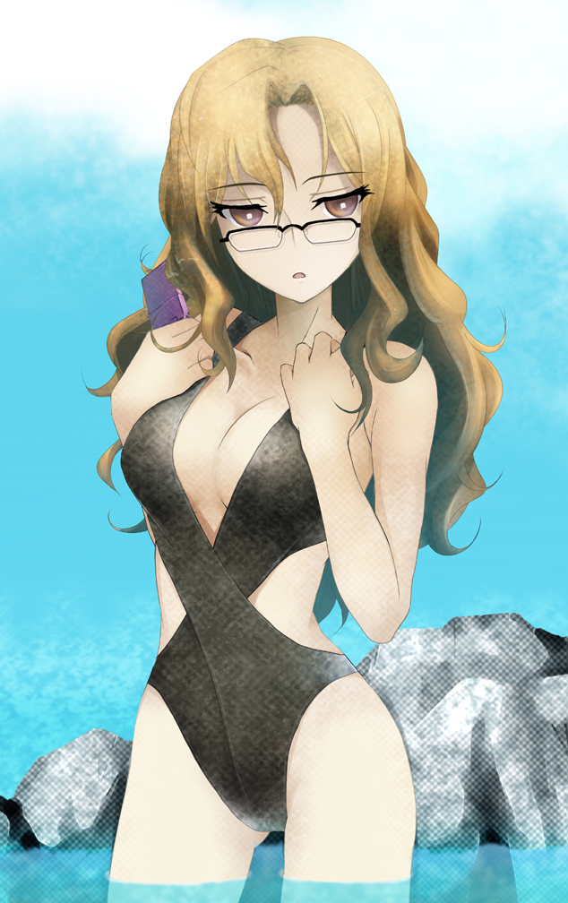 brown_hair, casual_one-piece_swimsuit, cellphone, glasses, kiryuu_moeka, long_hair, one-piece_swimsuit, phone