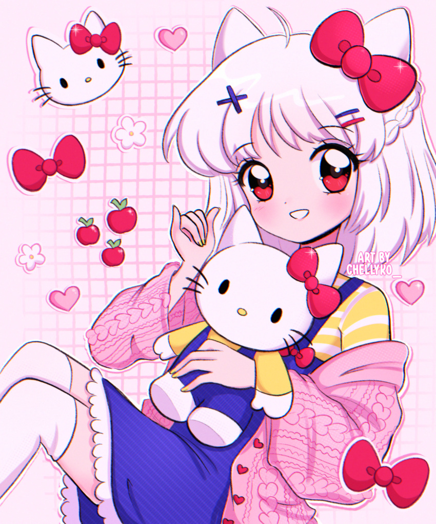 1girl, \n/, absurdres, ahoge, animal_ears, apple, aran_sweater, artist_name, blue_overalls, blue_skirt, blush, bow, braid, buttons, cable_knit, cat_ears, cat_girl, chelly_(chellyko), crown_braid, disembodied_head, dot_nose, flat_chest, flower, food, frilled_skirt, frills, fruit, grid_background, grin, hair_bow, heart, heart_button, hello_kitty, hello_kitty_(character), highres, holding, holding_stuffed_toy, long_sleeves, looking_at_viewer, medium_hair, multiple_hairpins, overall_skirt, overalls, personification, pink_background, pink_sweater, red_bow, red_eyes, sanrio, shirt, sitting, skirt, smile, solo, striped, striped_shirt, stuffed_animal, stuffed_cat, stuffed_toy, sweater, teeth, thigh-highs, watermark, white_flower, white_hair, white_thighhighs, yellow_shirt