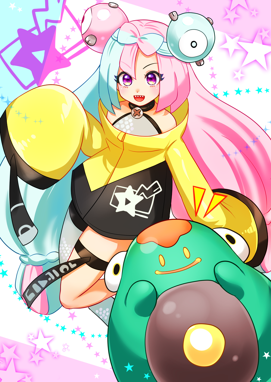 1girl, :d, ao_(ao_10bx), bellibolt, bow-shaped_hair, character_hair_ornament, commentary_request, green_hair