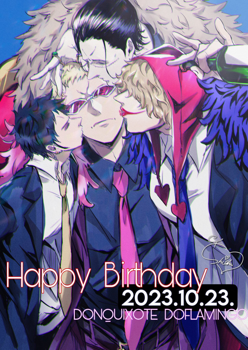 4boys, black_hair, black_jacket, black_shirt, blonde_hair, blue_necktie, bottle, character_name