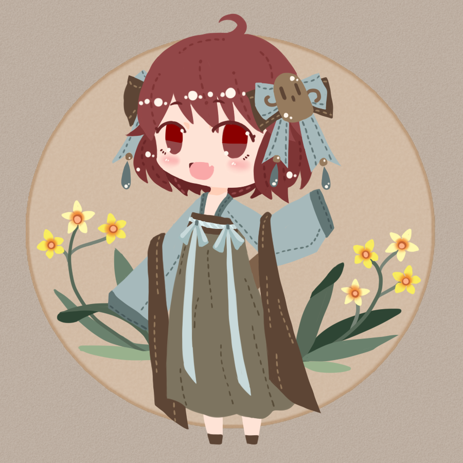1other, ahoge, alternate_costume, blue_bow, blue_sleeves, bow, brown_background, brown_bow, brown_footwear, brown_robe, chinese_clothes, circle, colored_eyelashes, commentary_request, fang, flower, flower_request, full_body, hagoromo, hair_bow, hanfu, haniwa_hair_ornament, katano_sukune, kotomine_kokoro, len'en, light_blush, long_sleeves, looking_at_viewer, multiple_hair_bows, one-hour_drawing_challenge, open_mouth, other_focus, red_eyes, redhead, ribbon-trimmed_bow, robe, shawl, shoes, short_hair, sleeves_past_fingers, sleeves_past_wrists, smile, solo, white_bow, wide_sleeves, yellow_flower