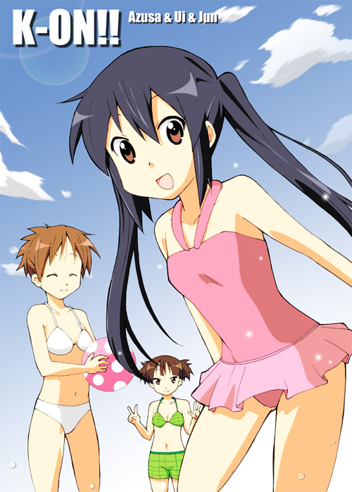 ball, beachball, bikini, black_hair, brown_eyes, brown_hair, casual_one-piece_swimsuit, hirasawa_ui