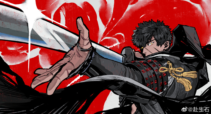 1boy, absurdres, armor, bannriishi, black_hair, doudanuki_masakuni, foreshortening, glint