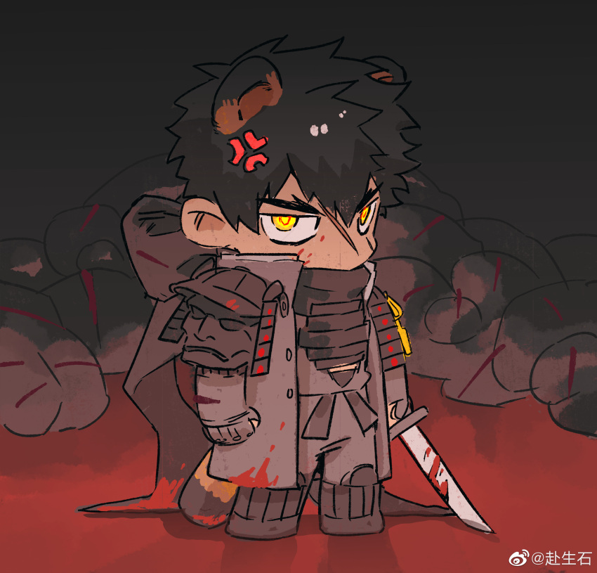 1boy, absurdres, after_battle, anger_vein, bannriishi, black_hair, blood, chibi