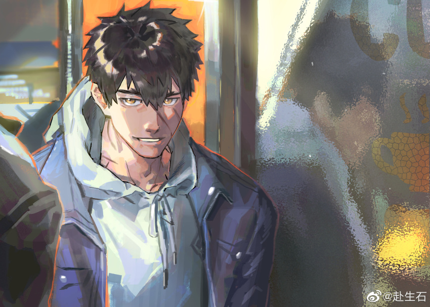 1boy, alternate_costume, bannriishi, black_hair, bus_interior, casual, contemporary, doudanuki_masakuni