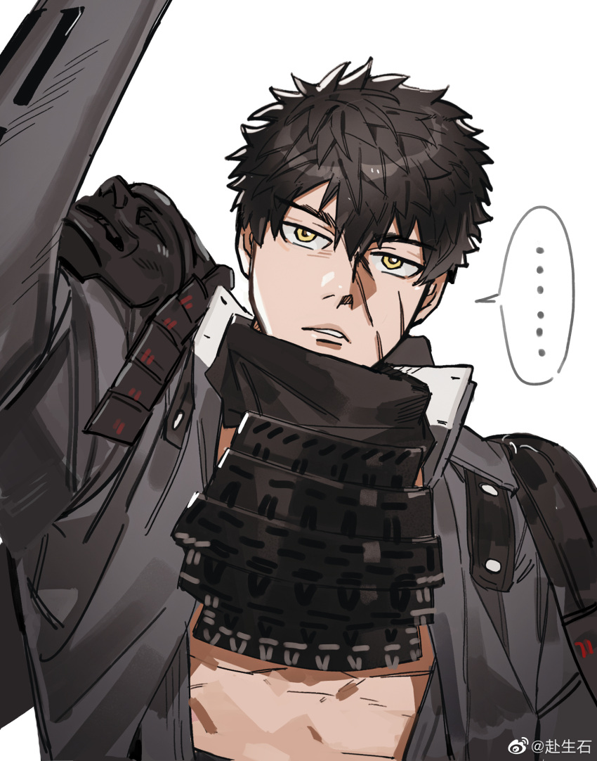..., 1boy, arm_up, armor, bannriishi, black_hair, bored, doudanuki_masakuni