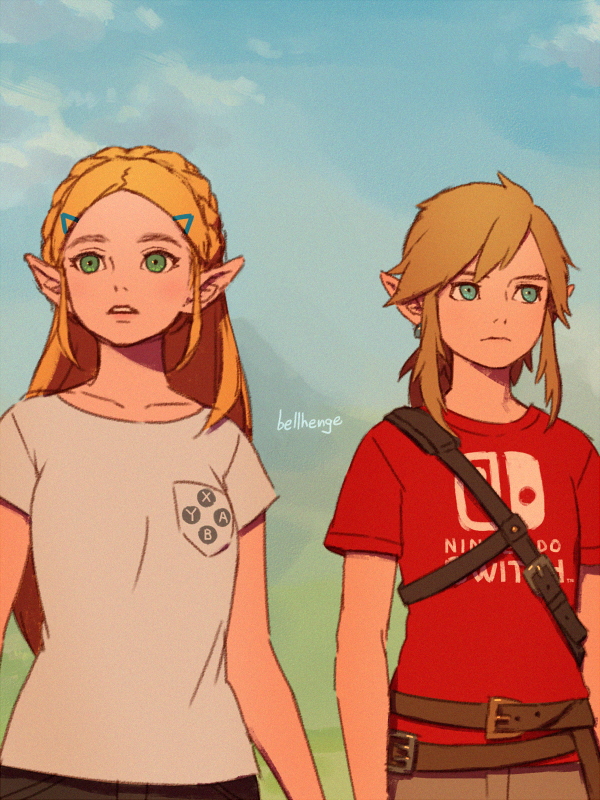 1boy, 1girl, alternate_costume, artist_name, bellhenge, belt, belt_buckle, black_pants