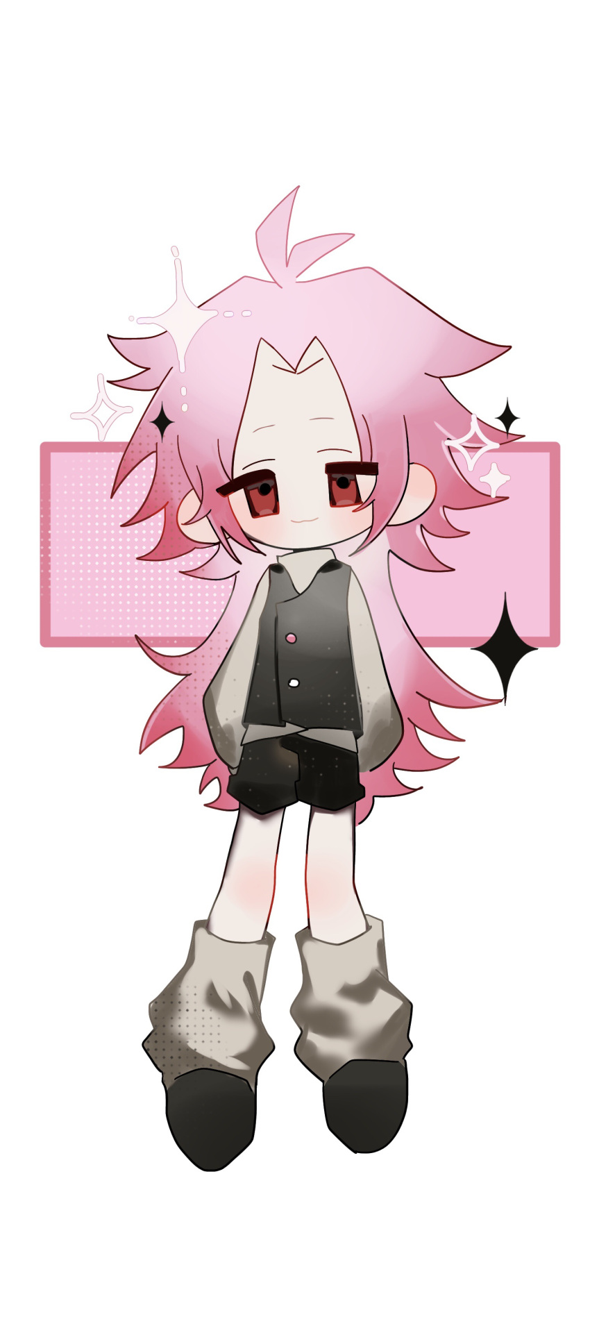 1boy, :3, absurdres, antenna_hair, black_footwear, black_shorts, black_vest, chinese_commentary