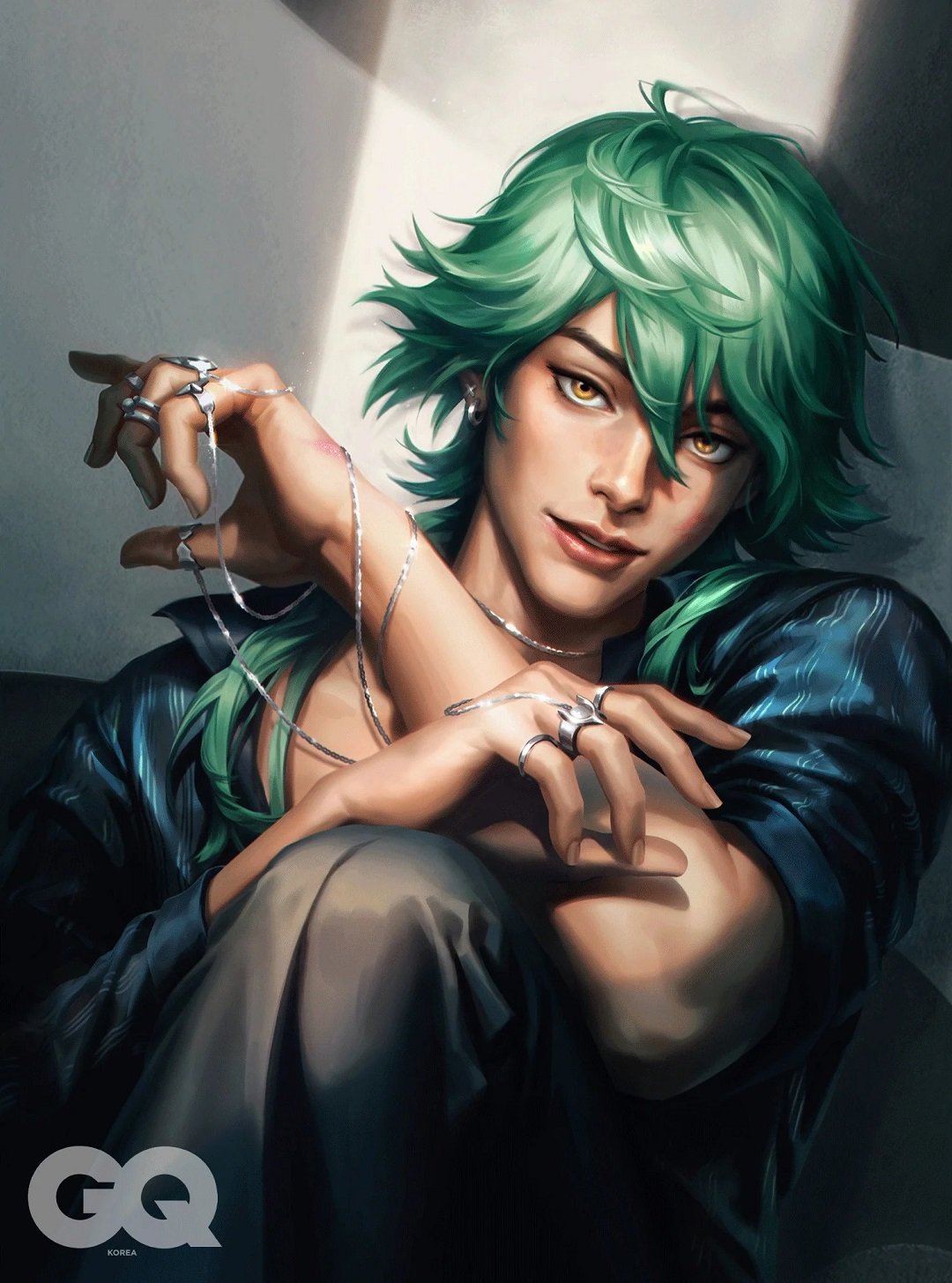 1boy, black_pants, blue_shirt, brown_eyes, collared_shirt, earrings, ezreal, gq_(magazine)