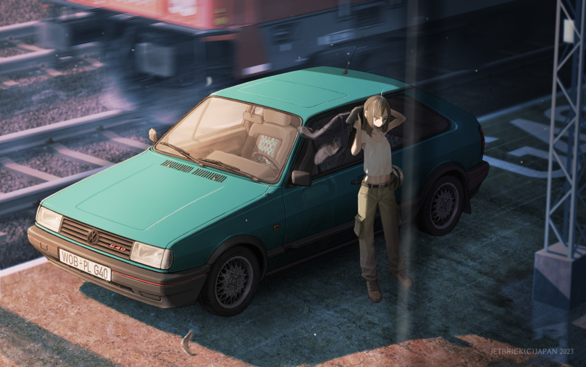 1girl, aqua_car, artist_name, black_jacket, brown_footwear, brown_hair, brown_pants, camisole, car, copyright, jacket, jettoburikku, medium_hair, morning, motion_blur, motor_vehicle, original, outdoors, pants, railroad_tracks, shadow, solo, train, volkswagen, white_camisole
