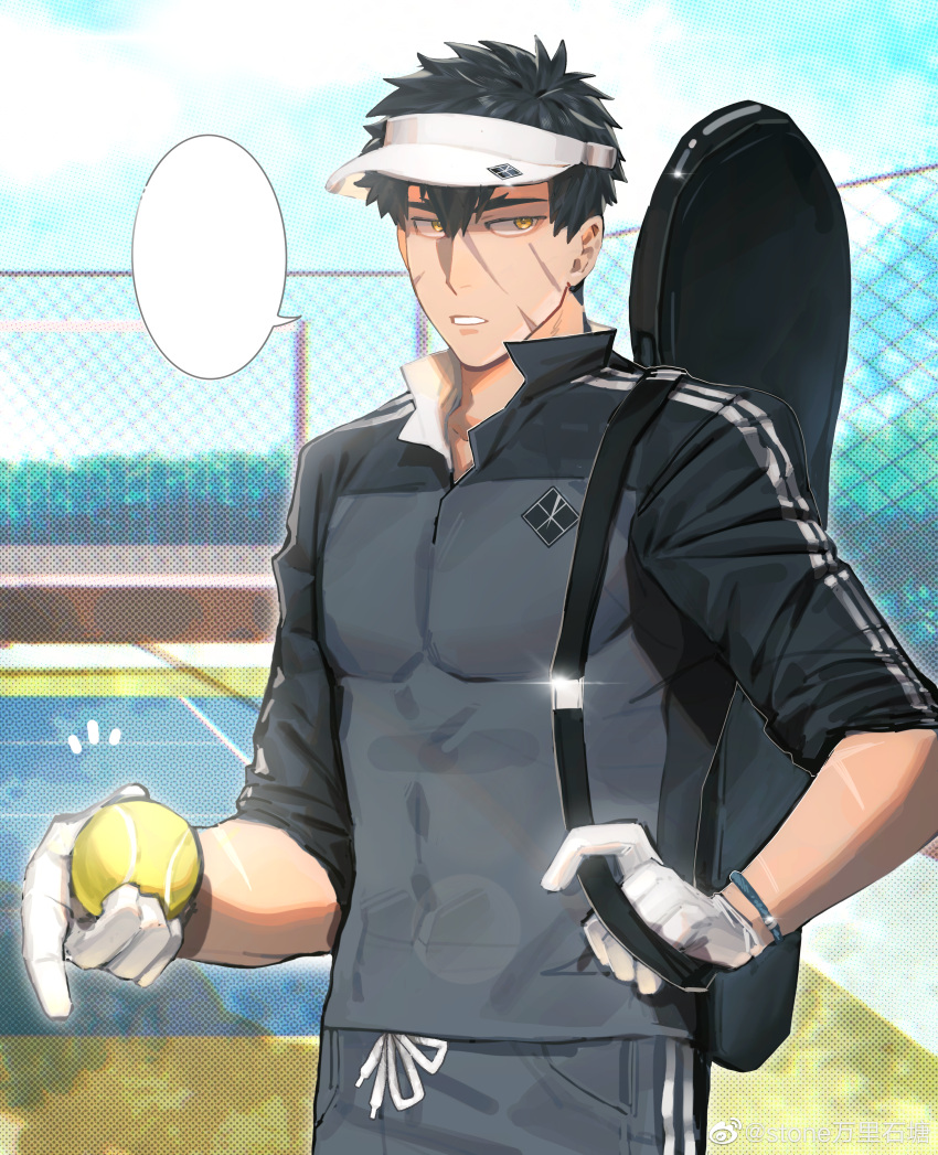 1boy, absurdres, alternate_costume, ball, bannriishi, baseball_cap, black_hair, blank_speech_bubble, cowboy_shot, doudanuki_masakuni, field, hat, highres, jacket, male_focus, sanpaku, short_hair, sideways_glance, solo, speech_bubble, sportswear, tennis, tennis_ball, tennis_uniform, touken_ranbu, track_jacket, yellow_eyes