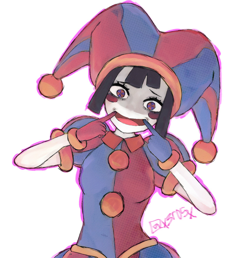 1girl, asymmetrical_gloves, black_hair, blue_eyes, blue_gloves, blue_headwear, blush_stickers, colored_skin