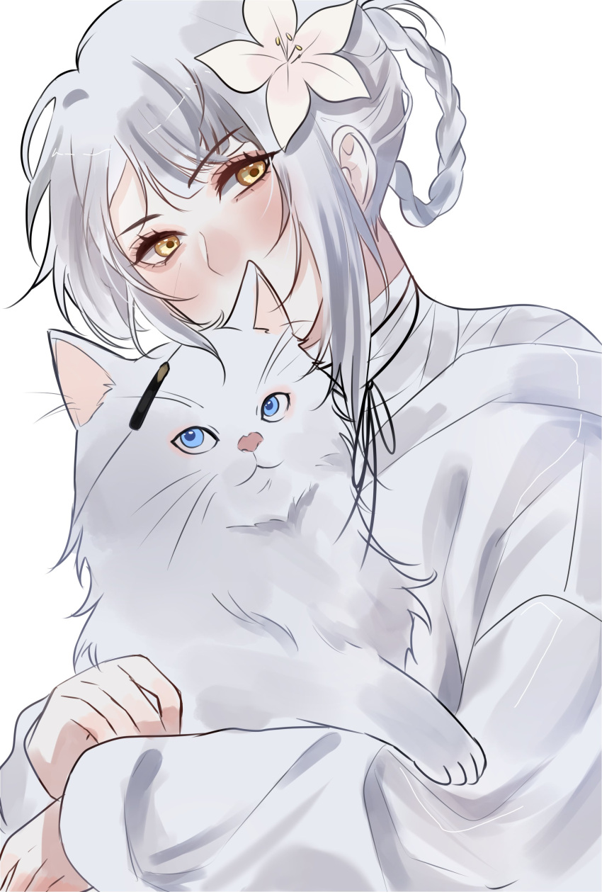 1girl, absurdres, animal, blonde_hair, braided_hair_rings, cat, flower, hair_flower