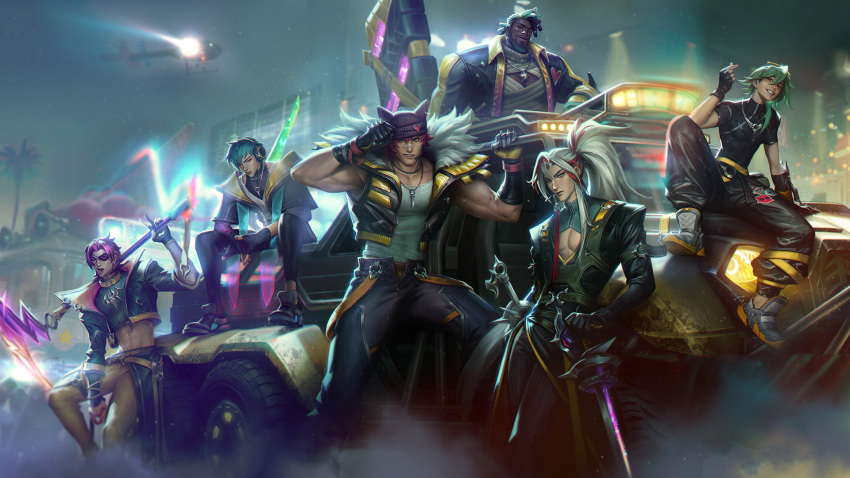 6+boys, aphelios, black_gloves, black_hair, black_jacket, black_pants, black_tank_top, blue_hair, closed_mouth, crop_top, dark-skinned_male, dark_skin, dual_wielding, eyewear_on_head, ezreal, finger_heart, fingerless_gloves, gloves, green_hair, hat, headphones, heartsteel_(league_of_legends), heartsteel_aphelios, heartsteel_ezreal, heartsteel_k'sante, heartsteel_kayn, heartsteel_sett, heartsteel_yone, highres, holding, holding_scythe, holding_sword, holding_weapon, jacket, jewelry, k'sante_(league_of_legends), kayn_(league_of_legends), large_pectorals, league_of_legends, long_hair, looking_at_viewer, male_focus, multicolored_hair, multiple_boys, muscular, muscular_male, navel, necklace, night, night_sky, official_art, open_clothes, open_jacket, outdoors, pants, pectorals, pink_hair, ponytail, redhead, scythe, sett_(league_of_legends), sitting, sky, smile, sunglasses, sword, tank_top, teeth, two-tone_hair, weapon, white_hair, yellow_pants, yone_(league_of_legends)