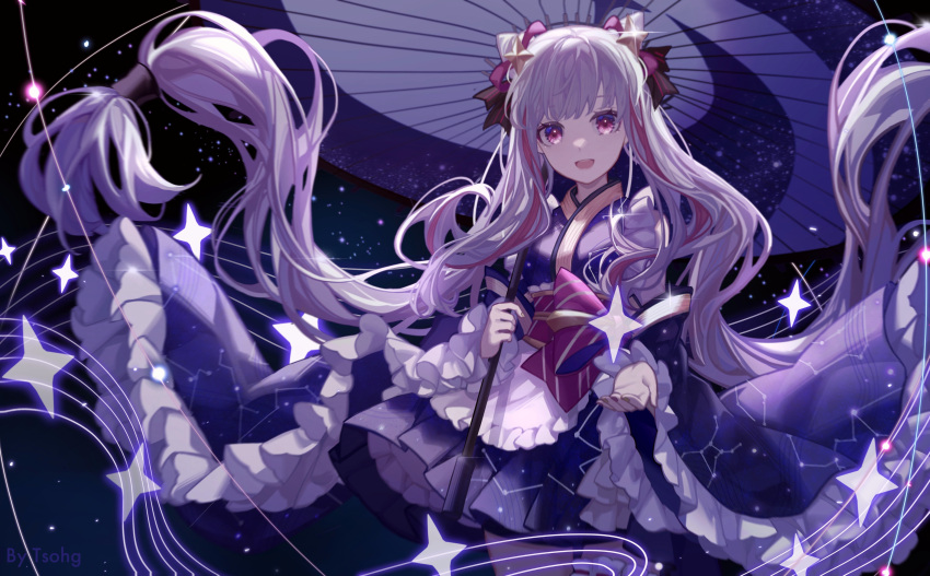 1girl, :d, absurdres, arcaea, cone_hair_bun, hair_bun, highres, holding