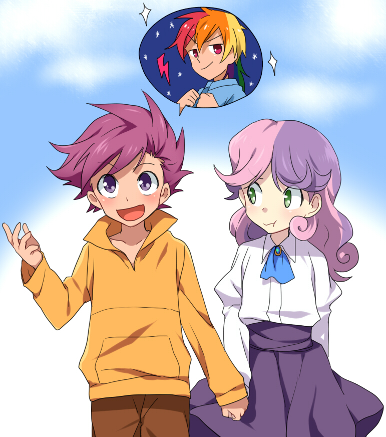 3girls, bad_id, bad_tumblr_id, blue_shirt, blush, brown_pants, clouds, collar