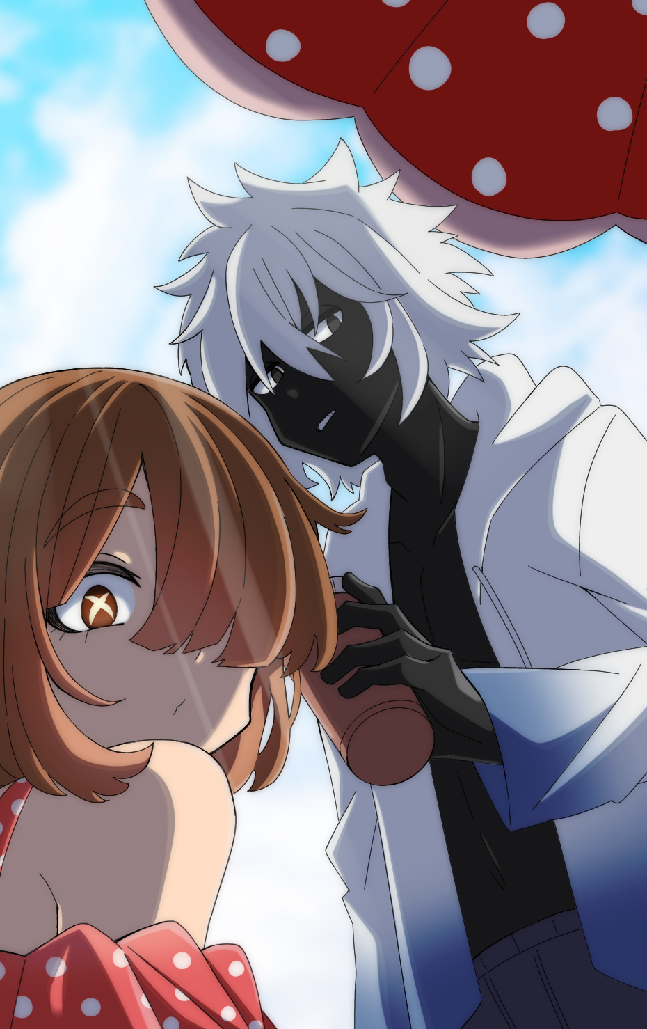 1boy, 1girl, bikini, black_eyes, black_skin, boku_no_hero_academia, brown_eyes, brown_hair