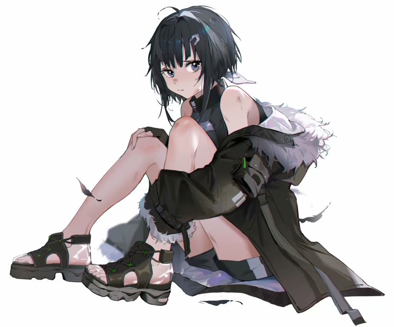 1girl, arknights, black_eyes, black_hair, feet, fingerless_gloves, full_body, fur-trimmed_jacket