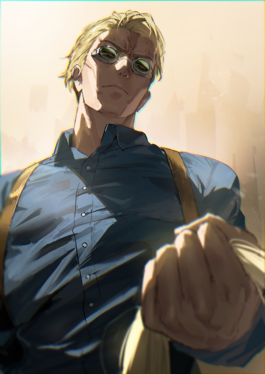 1boy, absurdres, blonde_hair, blue_shirt, buttons, clenched_hand, closed_mouth, collared_shirt