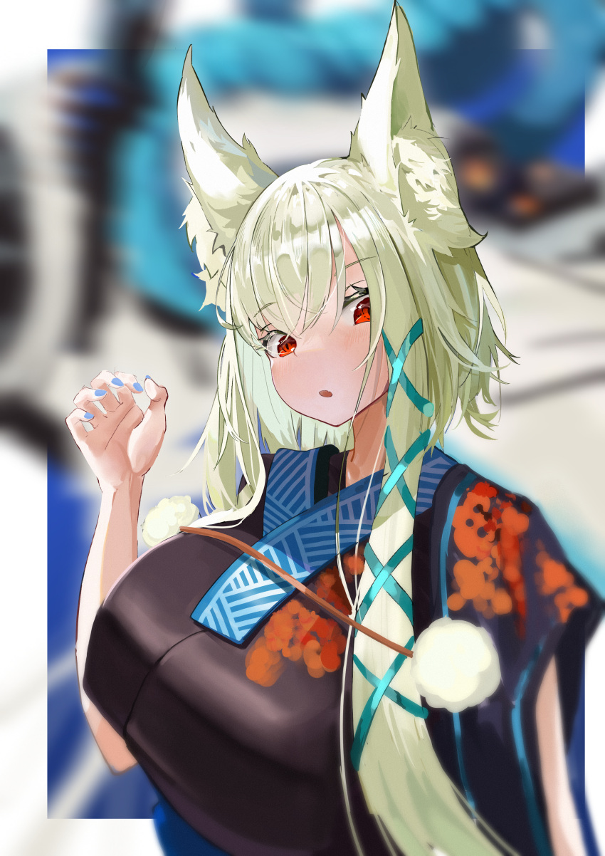 1girl, absurdres, animal_ear_fluff, animal_ears, artery_gear, artery_gear:_fusion, asymmetrical_hair, blue_nails, breasts, fox_ears, ginga_(artery_gear), highres, japanese_clothes, jiang_long_bao, large_breasts, light_brown_hair, looking_at_viewer, medium_hair, open_mouth, red_eyes, single_sidelock, solo