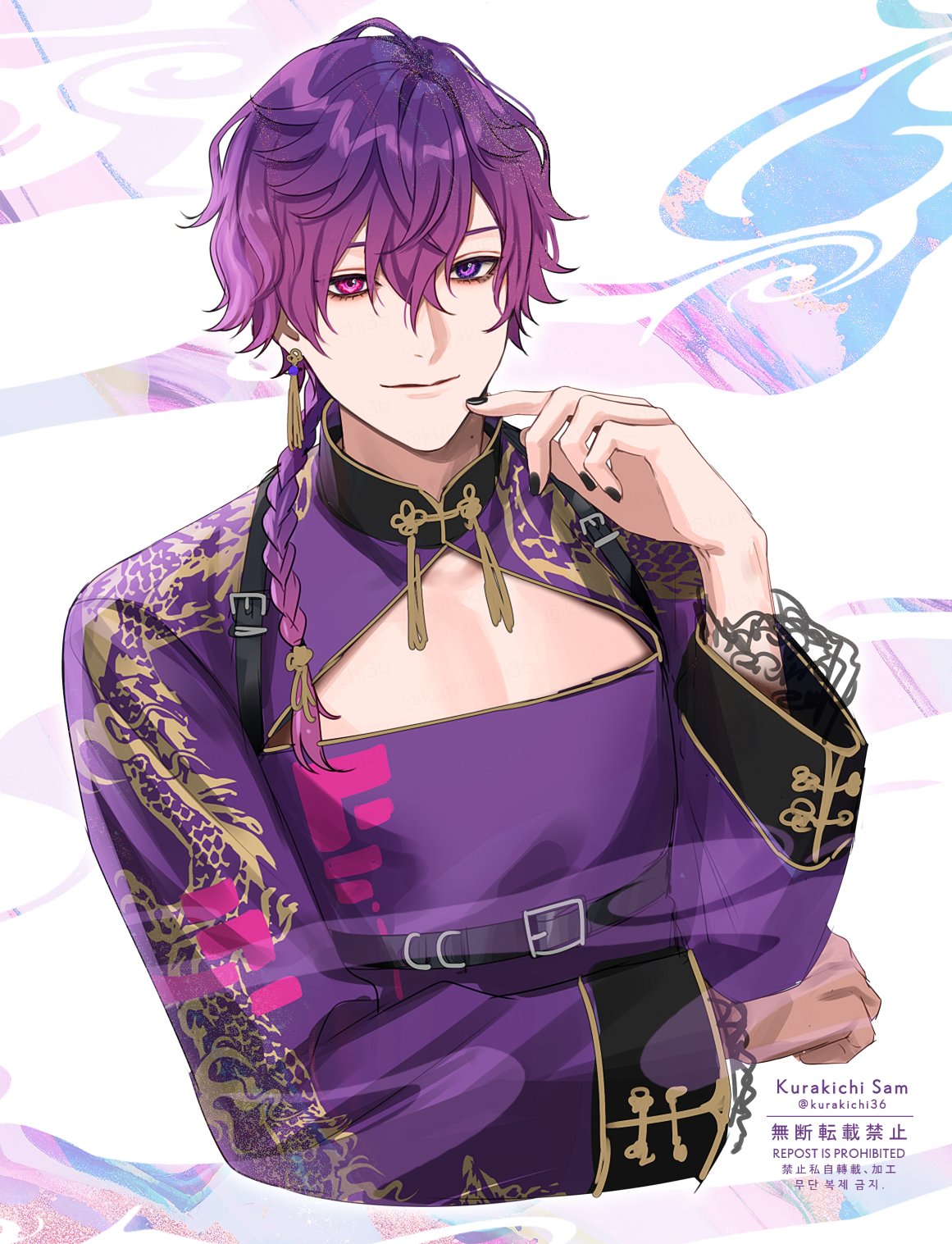 1boy, belt, black_nails, braid, chinese_clothes, cleavage_cutout, clothing_cutout, gradient_hair