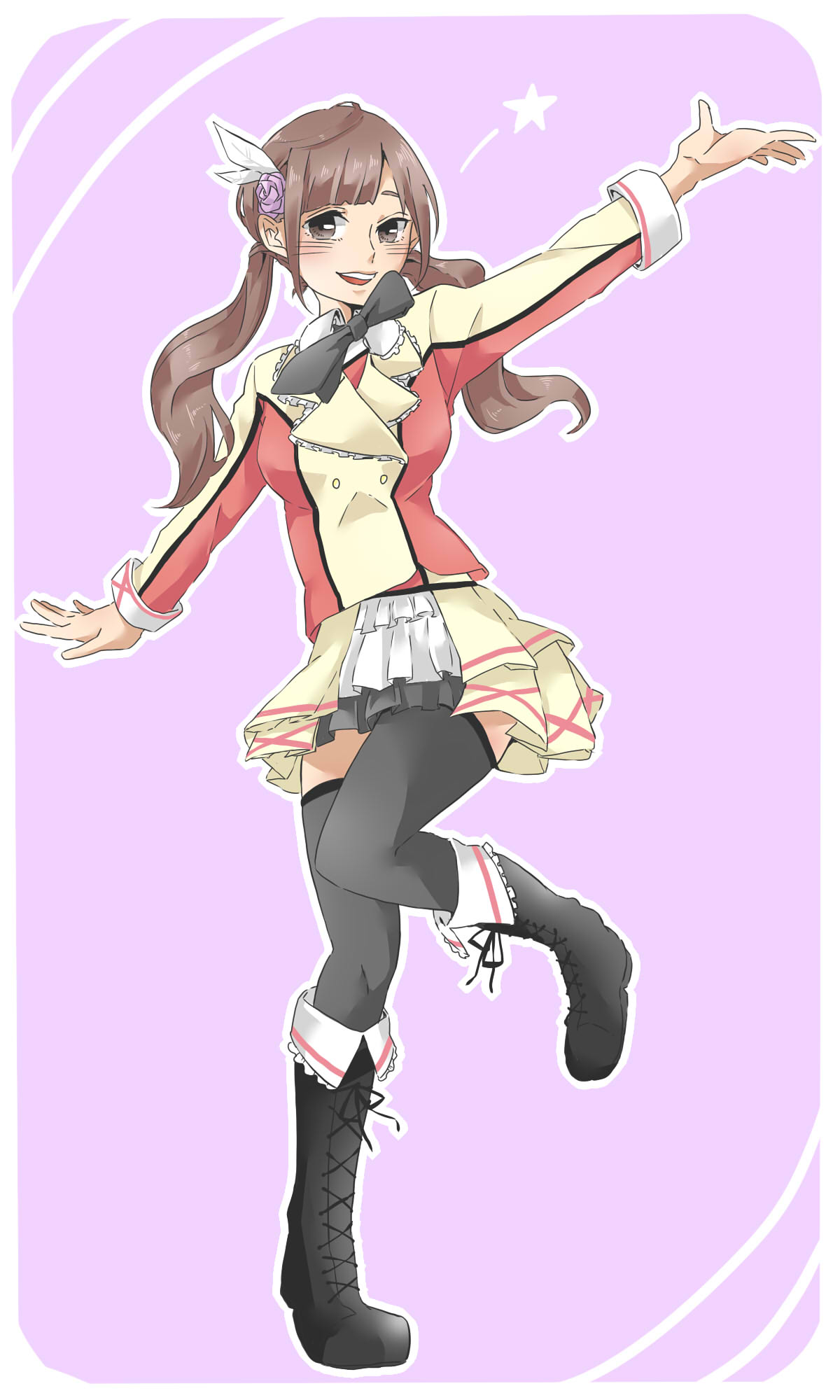 1girl, black_bow, black_bowtie, black_footwear, black_thighhighs, blush, boots, border