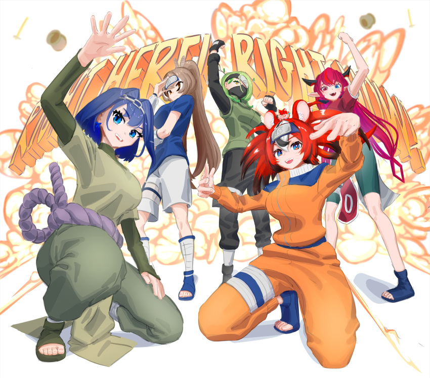 5girls, absurdres, ahoge, antlers, black_hair, blue_eyes, blue_hair, brown_hair, cauldron, ceres_fauna, cosplay, explosion, feather_hair_ornament, feathers, forehead_protector, getting_over_it, green_hair, hair_intakes, hair_ornament, hakos_baelz, hammer, haruno_sakura, haruno_sakura_(cosplay), hatake_kakashi, hatake_kakashi_(cosplay), headband, heterochromia, highres, holocouncil, hololive, hololive_english, horns, irys_(hololive), long_hair, long_sleeves, mask, mr._squeaks_(hakos_baelz), multicolored_hair, multiple_girls, nanashi_mumei, naruto_(series), ninja, orochimaru_(naruto), orochimaru_(naruto)_(cosplay), ouro_kronii, pointy_ears, ponytail, purple_hair, redhead, sandals, short_hair, sledgehammer, streaked_hair, uchiha_sasuke, uchiha_sasuke_(cosplay), uzumaki_naruto, uzumaki_naruto_(cosplay), very_long_hair, vest, virtual_youtuber, yellow_eyes, yokasparetime